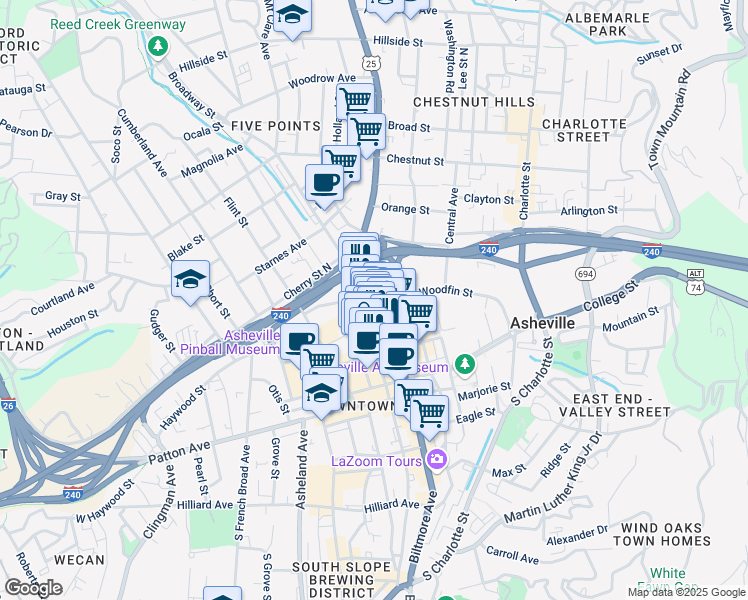 map of restaurants, bars, coffee shops, grocery stores, and more near 93 North Lexington Avenue in Asheville
