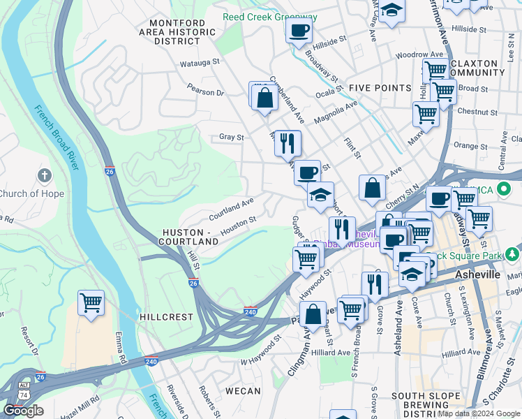 map of restaurants, bars, coffee shops, grocery stores, and more near 25 Houston Street in Asheville