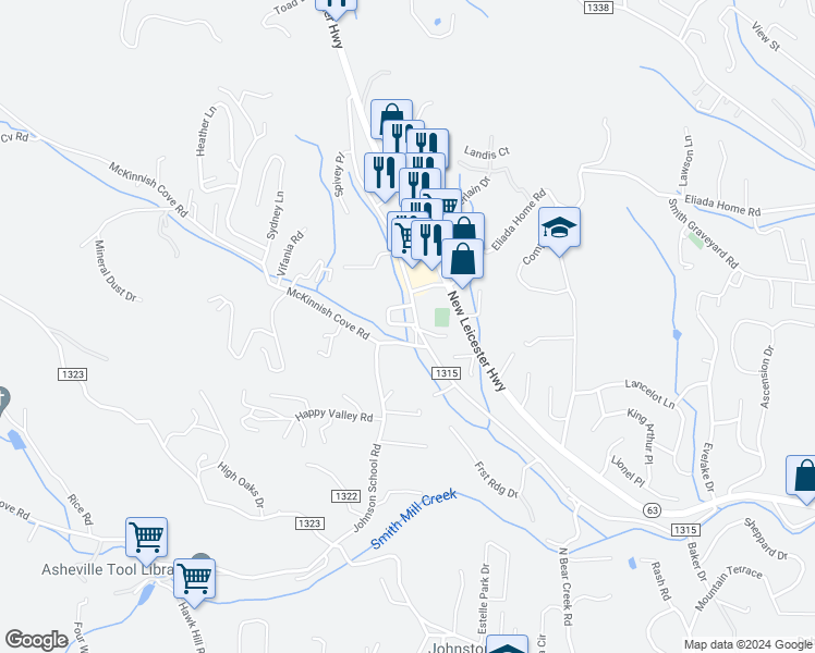 map of restaurants, bars, coffee shops, grocery stores, and more near 7 Mill Creek Loop in Asheville