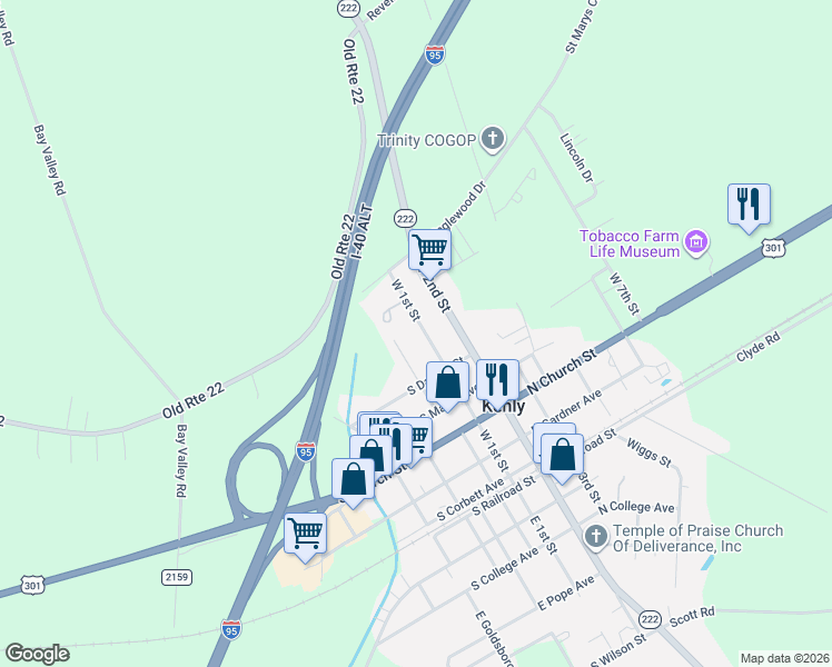 map of restaurants, bars, coffee shops, grocery stores, and more near 504 West 1st Street in Kenly