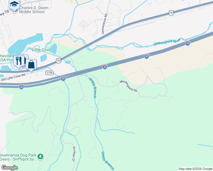 map of restaurants, bars, coffee shops, grocery stores, and more near 77 Mockingbird Road in Swannanoa