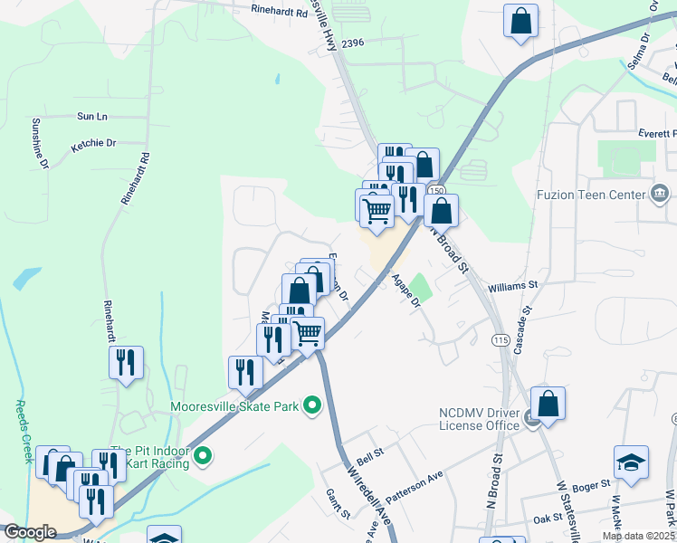 map of restaurants, bars, coffee shops, grocery stores, and more near 100 Nash Court in Mooresville