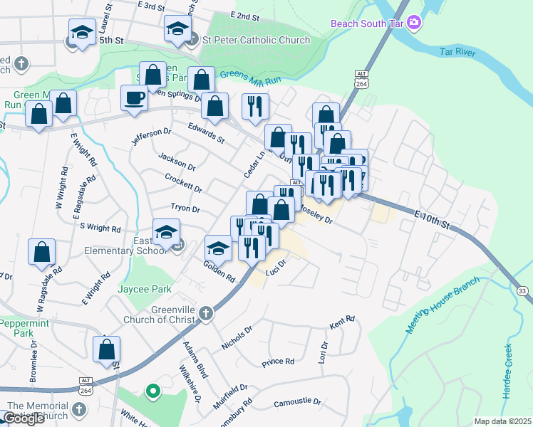 map of restaurants, bars, coffee shops, grocery stores, and more near 203 John Avenue in Greenville