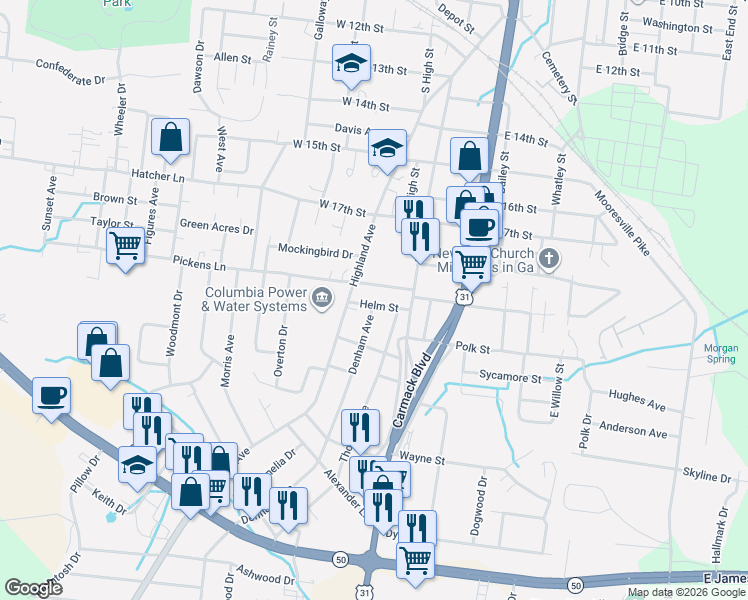 map of restaurants, bars, coffee shops, grocery stores, and more near 2001 Denham Avenue in Columbia