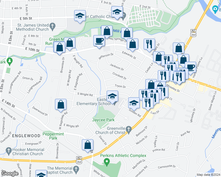 map of restaurants, bars, coffee shops, grocery stores, and more near 2602 Tryon Drive in Greenville