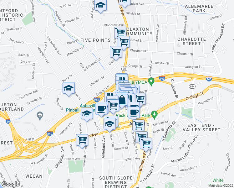 map of restaurants, bars, coffee shops, grocery stores, and more near 93 North Lexington Avenue in Asheville