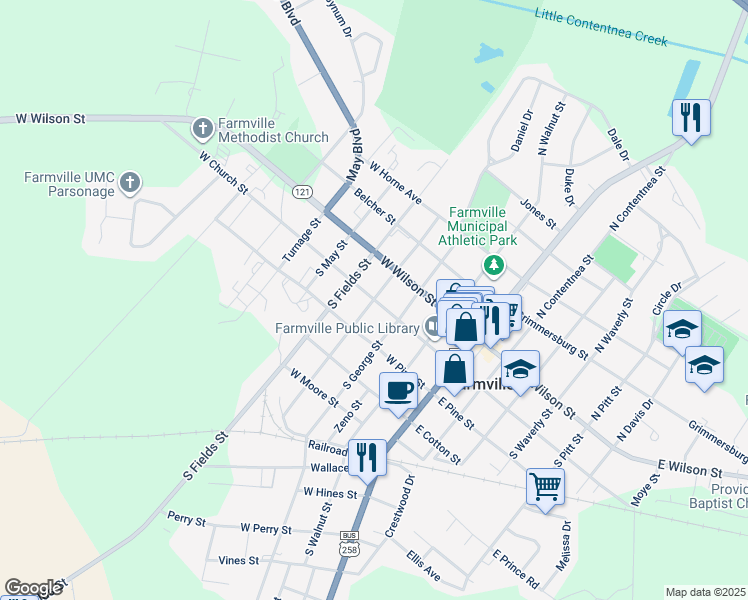 map of restaurants, bars, coffee shops, grocery stores, and more near 200 South Barrett Street in Farmville