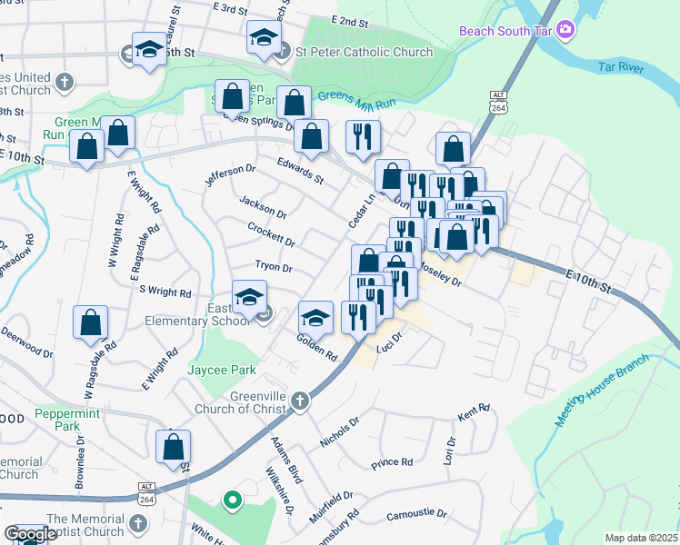 map of restaurants, bars, coffee shops, grocery stores, and more near 212 John Avenue in Greenville