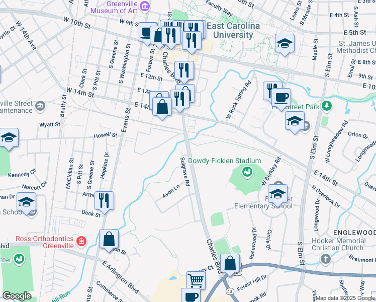 map of restaurants, bars, coffee shops, grocery stores, and more near 1707 State Road 1707 in Greenville