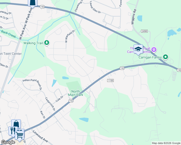 map of restaurants, bars, coffee shops, grocery stores, and more near 104 East Neel Ranch Road in Mooresville