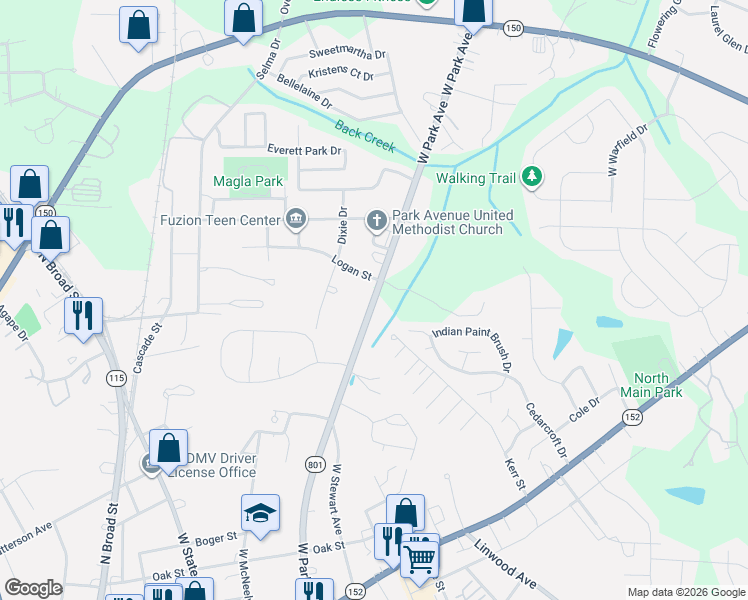 map of restaurants, bars, coffee shops, grocery stores, and more near 565 West Park Avenue in Mooresville