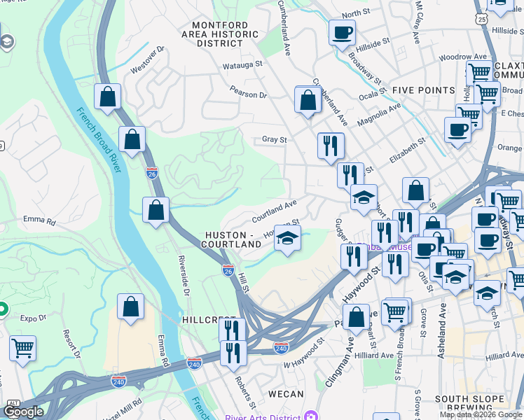map of restaurants, bars, coffee shops, grocery stores, and more near 135 Courtland Avenue in Asheville