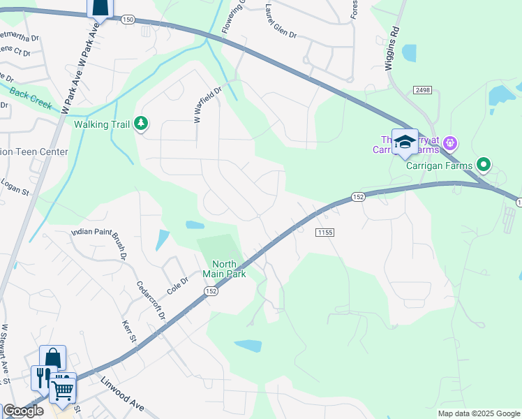 map of restaurants, bars, coffee shops, grocery stores, and more near 104 East Neel Ranch Road in Mooresville