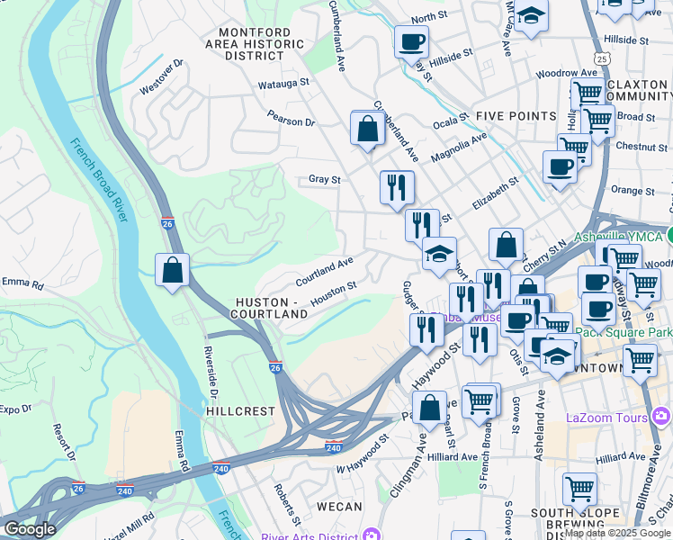 map of restaurants, bars, coffee shops, grocery stores, and more near 107 Courtland Avenue in Asheville