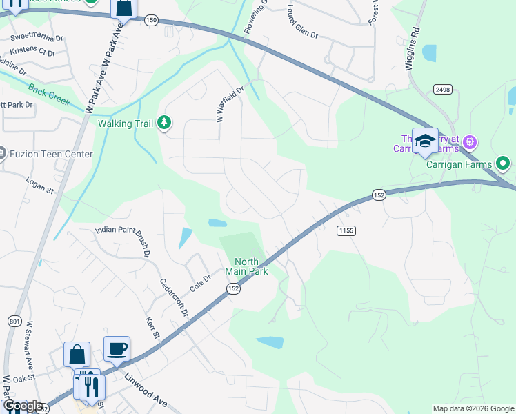map of restaurants, bars, coffee shops, grocery stores, and more near 124 West Neel Ranch Road in Mooresville