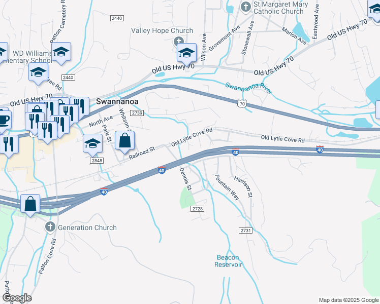 map of restaurants, bars, coffee shops, grocery stores, and more near 140 Old Lytle Cove Road in Swannanoa