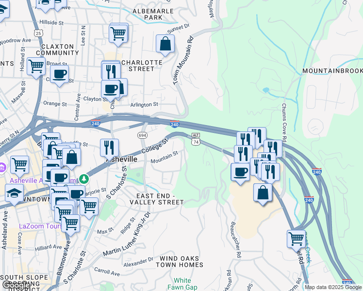 map of restaurants, bars, coffee shops, grocery stores, and more near 551 College Street in Asheville