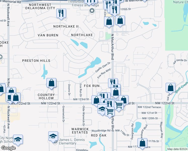 map of restaurants, bars, coffee shops, grocery stores, and more near 6124 Gaelic Glen Drive in Oklahoma City