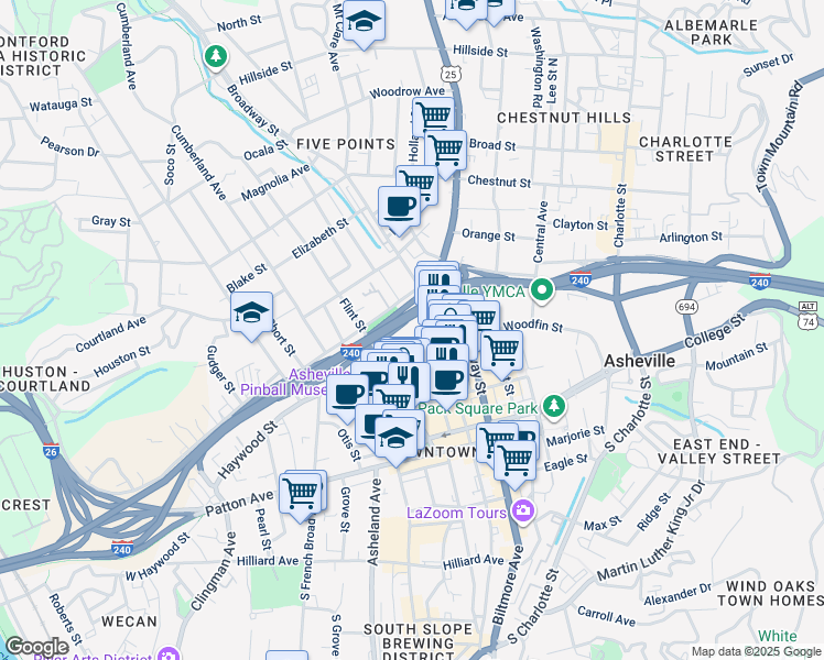 map of restaurants, bars, coffee shops, grocery stores, and more near 37 Hiawassee Street in Asheville