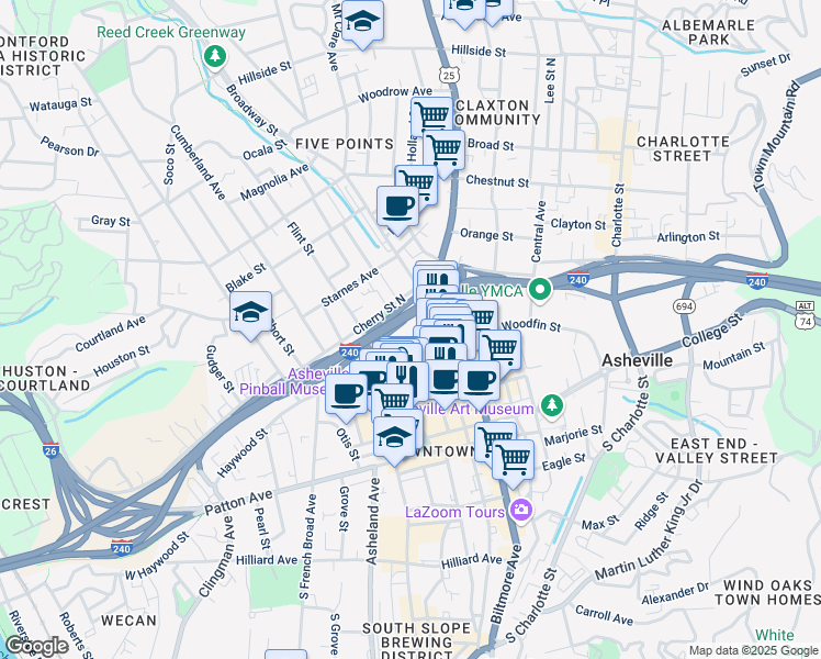 map of restaurants, bars, coffee shops, grocery stores, and more near 37 Hiawassee Street in Asheville