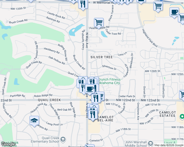 map of restaurants, bars, coffee shops, grocery stores, and more near 2815 Indian Creek Boulevard in Oklahoma City
