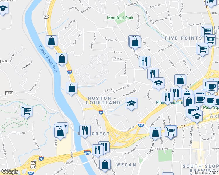 map of restaurants, bars, coffee shops, grocery stores, and more near 166 Courtland Place in Asheville