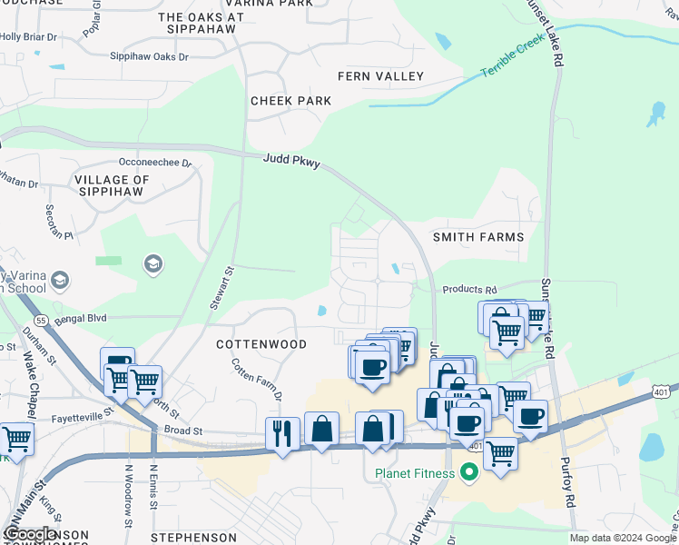 map of restaurants, bars, coffee shops, grocery stores, and more near 606 East Spring Street in Fuquay-Varina