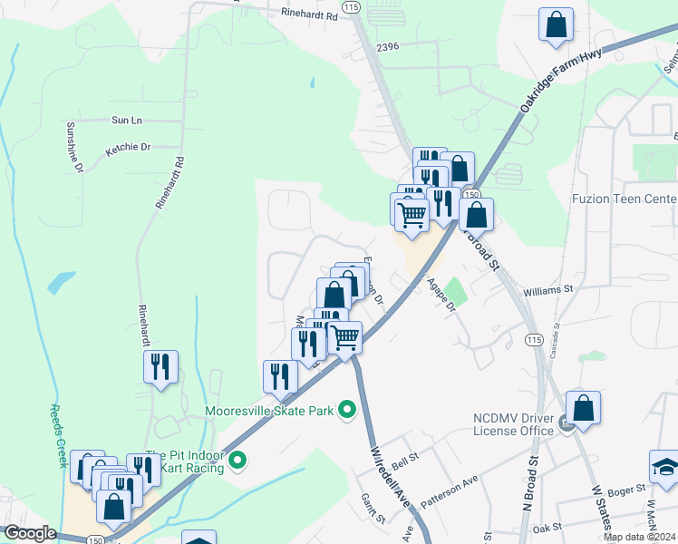 map of restaurants, bars, coffee shops, grocery stores, and more near 188c Limerick Road in Mooresville