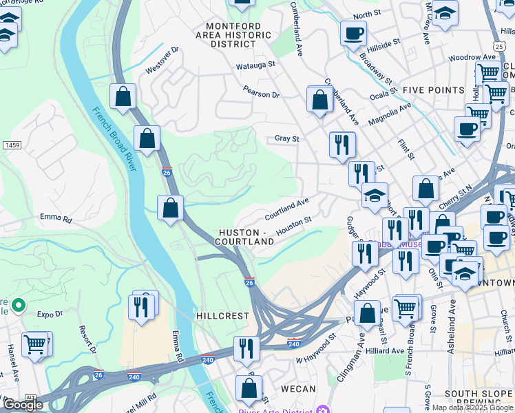 map of restaurants, bars, coffee shops, grocery stores, and more near 186 Courtland Place in Asheville