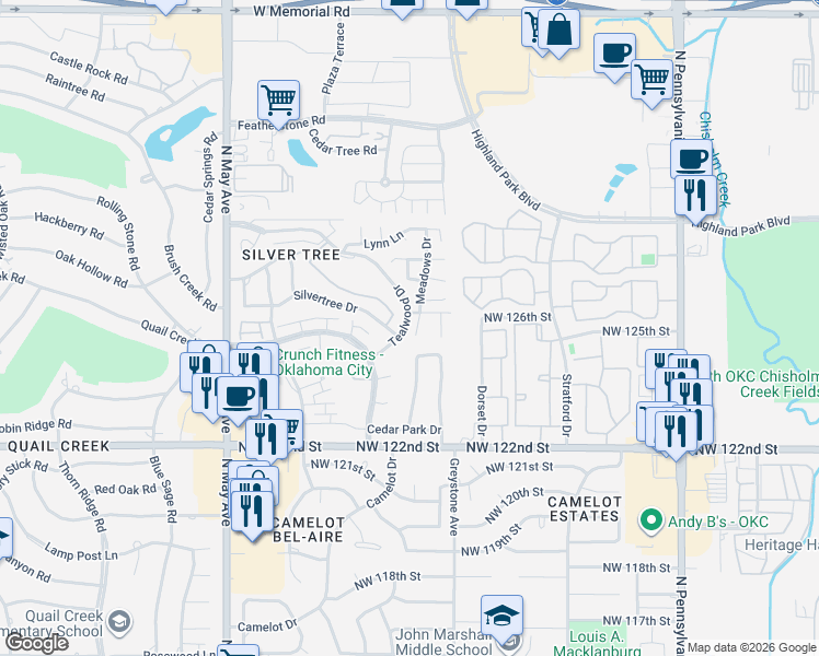 map of restaurants, bars, coffee shops, grocery stores, and more near 12601 Meadows Drive in Oklahoma City