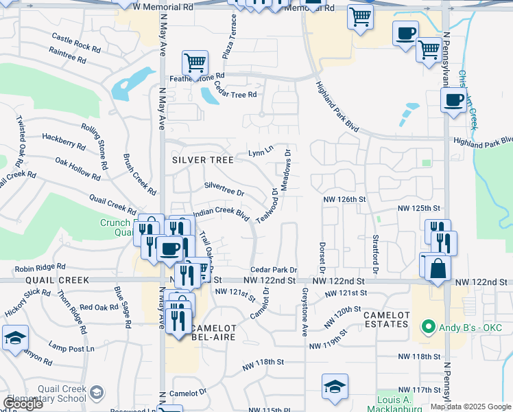 map of restaurants, bars, coffee shops, grocery stores, and more near 20 Tealwood Drive in Oklahoma City