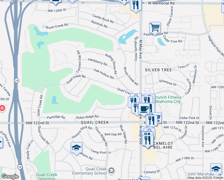 map of restaurants, bars, coffee shops, grocery stores, and more near 3028 Quail Creek Road in Oklahoma City