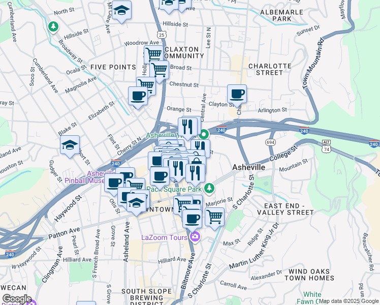 map of restaurants, bars, coffee shops, grocery stores, and more near 60 North Market Street in Asheville