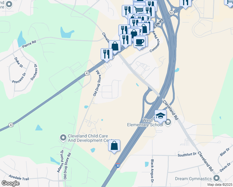 map of restaurants, bars, coffee shops, grocery stores, and more near 199 Thornwhistle Pl in Garner