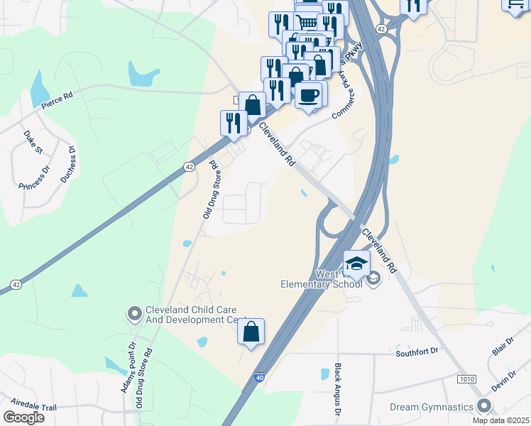 map of restaurants, bars, coffee shops, grocery stores, and more near 198 Thornwhistle Pl in Garner