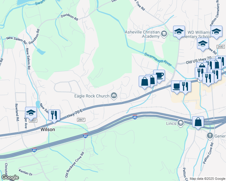 map of restaurants, bars, coffee shops, grocery stores, and more near 35 Lee Road in Swannanoa