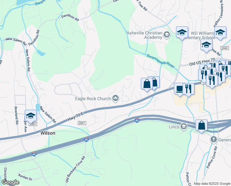 map of restaurants, bars, coffee shops, grocery stores, and more near 35 Lee Road in Swannanoa
