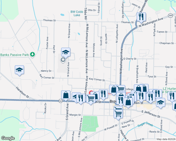 map of restaurants, bars, coffee shops, grocery stores, and more near 416 North McLemore Avenue in Brownsville