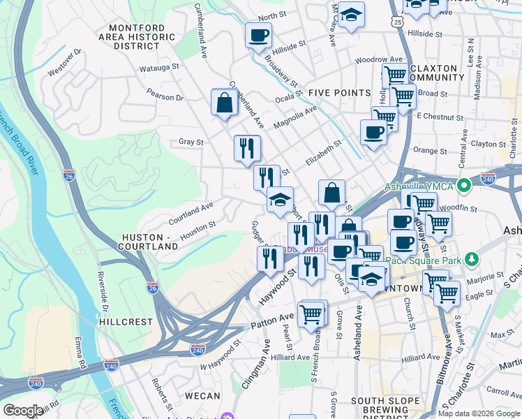 map of restaurants, bars, coffee shops, grocery stores, and more near 2 Woodside Place in Asheville
