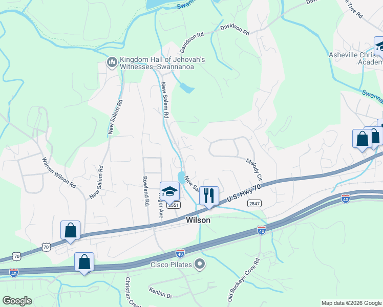 map of restaurants, bars, coffee shops, grocery stores, and more near 404 Melody Circle in Swannanoa