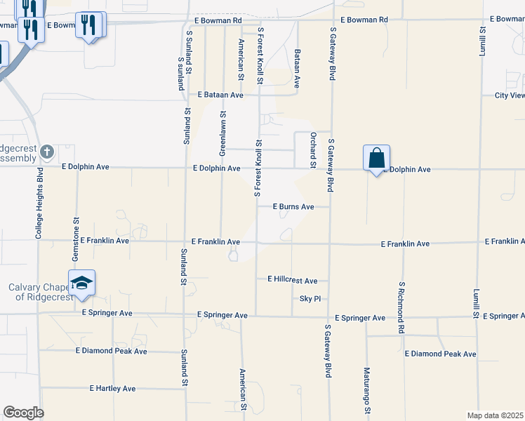 map of restaurants, bars, coffee shops, grocery stores, and more near 711 East Burns Avenue in Ridgecrest