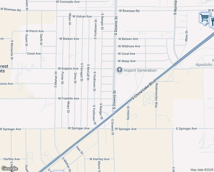 map of restaurants, bars, coffee shops, grocery stores, and more near 1416 South Ranger Street in Ridgecrest