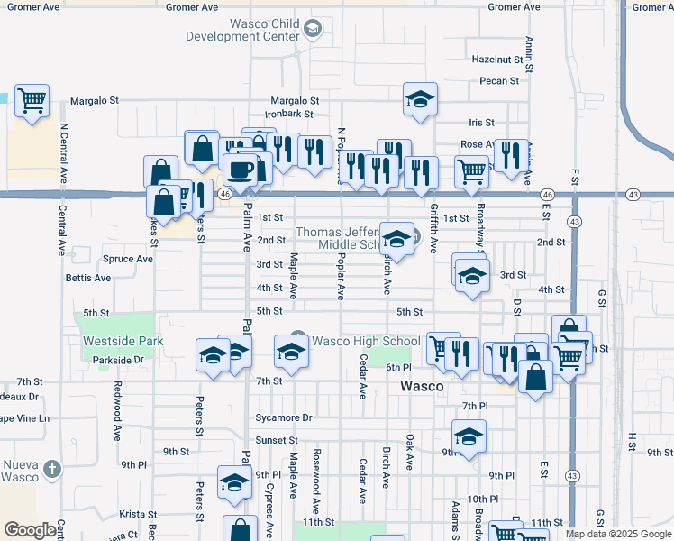 map of restaurants, bars, coffee shops, grocery stores, and more near 1690 4th Street in Wasco