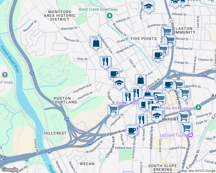 map of restaurants, bars, coffee shops, grocery stores, and more near 2 Woodside Place in Asheville