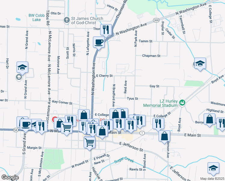 map of restaurants, bars, coffee shops, grocery stores, and more near 407 North Bradford Avenue in Brownsville