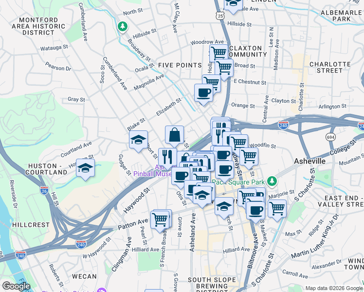 map of restaurants, bars, coffee shops, grocery stores, and more near 60 Flint Street in Asheville