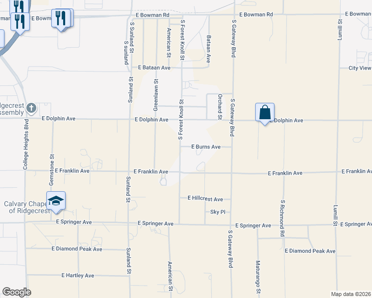 map of restaurants, bars, coffee shops, grocery stores, and more near 711 East Burns Avenue in Ridgecrest
