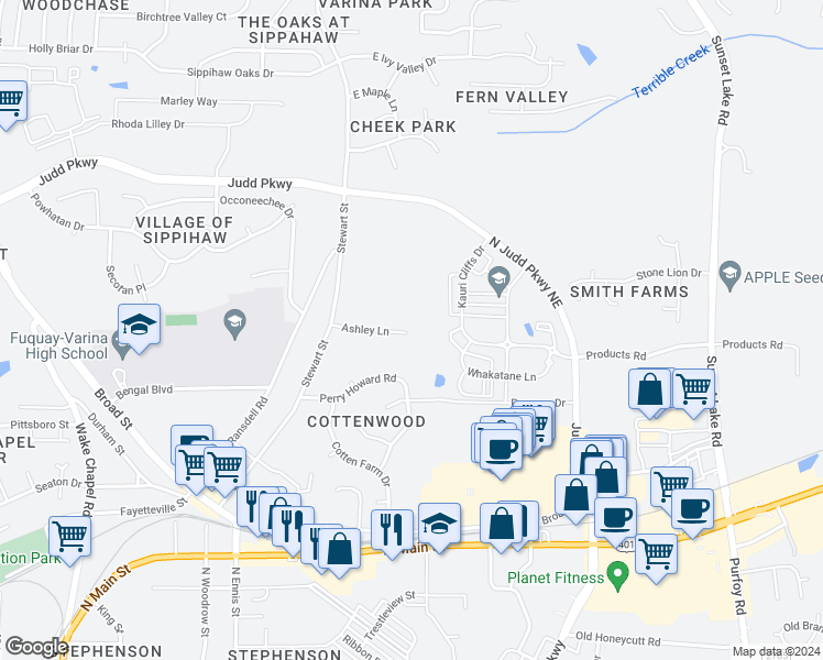 map of restaurants, bars, coffee shops, grocery stores, and more near 639 Ashley Lane in Fuquay Varina