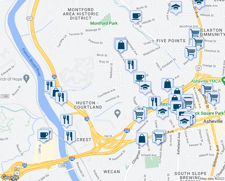 map of restaurants, bars, coffee shops, grocery stores, and more near 96 Courtland Avenue in Asheville