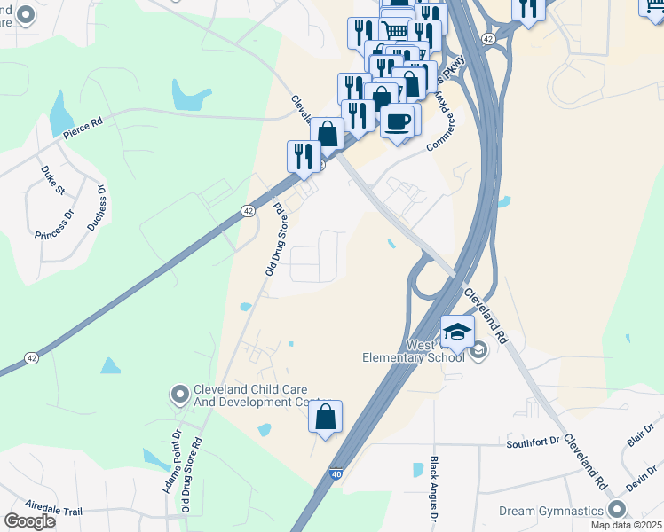 map of restaurants, bars, coffee shops, grocery stores, and more near 209 Thornwhistle Pl in Garner